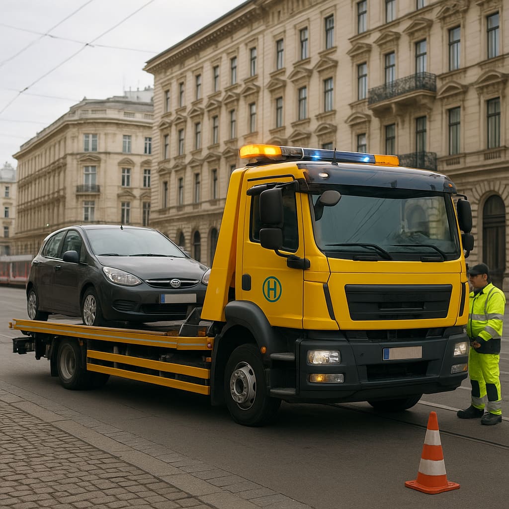 Tow truck assisting a car in Vienna